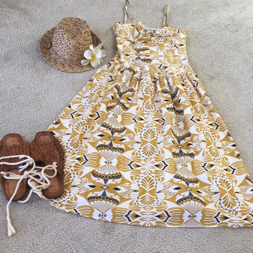 ON RVER/ DIJON & WHITE TROPICAL FLORAL SPAGHETTI STRAP MIDI DRESS/ NWT